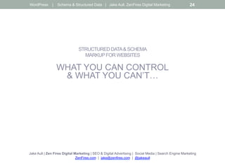 STRUCTURED DATA& SCHEMA
MARKUPFOR WEBSITES
WHAT YOU CAN CONTROL
& WHAT YOU CAN’T…
Jake Aull | Zen Fires Digital Marketing | SEO & Digital Advertising | Social Media | Search Engine Marketing
ZenFires.com | jake@zenfires.com | @jakeaull
WordPress | Schema & Structured Data | Jake Aull, ZenFires Digital Marketing 24
 