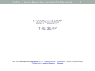 STRUCTURED DATA& SCHEMA
MARKUPFOR WEBSITES
THE SERP
Jake Aull | Zen Fires Digital Marketing | SEO & Digital Advertising | Social Media | Search Engine Marketing
ZenFires.com | jake@zenfires.com | @jakeaull
WordPress | Schema & Structured Data | Jake Aull, ZenFires Digital Marketing 4
 