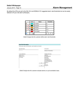 DeltaV Whitepaper
January 2013 – Page 10 Alarm Management
By default the KPIs are set to the ISA-18.2 and EEMUA-191 suggested alarm rate thresholds but can be easily
tailored to fit your site alarm philosophy.
DeltaV Analyze lets the customer define alarm rate thresholds.
DeltaV Analyze lets the customer evaluate alarms on a per workstation basis.
 