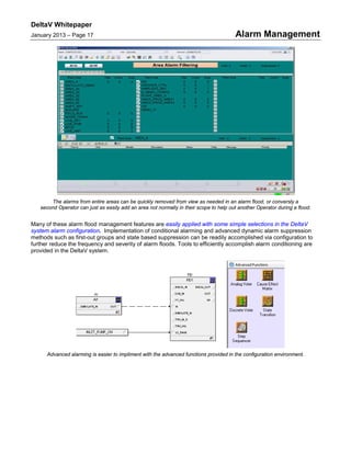 DeltaV Whitepaper
January 2013 – Page 17 Alarm Management
The alarms from entire areas can be quickly removed from view as needed in an alarm flood, or conversly a
second Operator can just as easily add an area not normally in their scope to help out another Operator during a flood.
Many of these alarm flood management features are easily applied with some simple selections in the DeltaV
system alarm configuration. Implementation of conditional alarming and advanced dynamic alarm suppression
methods such as first-out groups and state based suppression can be readily accomplished via configuration to
further reduce the frequency and severity of alarm floods. Tools to efficiently accomplish alarm conditioning are
provided in the DeltaV system.
Advanced alarming is easier to impliment with the advanced functions provided in the configuration environment.
 