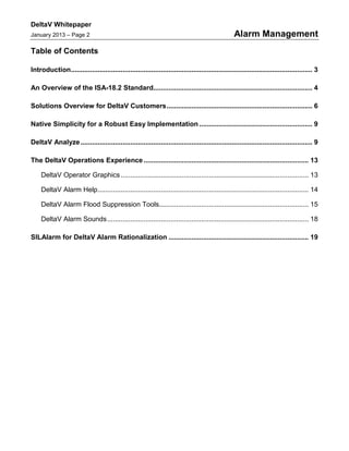 DeltaV Whitepaper
January 2013 – Page 2 Alarm Management
Table of Contents
Introduction.............................................................................................................................. 3
An Overview of the ISA-18.2 Standard................................................................................... 4
Solutions Overview for DeltaV Customers............................................................................ 6
Native Simplicity for a Robust Easy Implementation ........................................................... 9
DeltaV Analyze......................................................................................................................... 9
The DeltaV Operations Experience ...................................................................................... 13
DeltaV Operator Graphics.................................................................................................. 13
DeltaV Alarm Help.............................................................................................................. 14
DeltaV Alarm Flood Suppression Tools.............................................................................. 15
DeltaV Alarm Sounds......................................................................................................... 18
SILAlarm for DeltaV Alarm Rationalization ......................................................................... 19
 