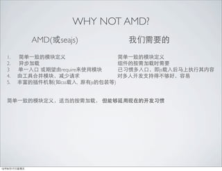 WHY NOT AMD?
              AMD(seajs)       Ҫ
  1.   ?һµģ鶨                ?һµģ鶨
  2.   첽                      İʱҪ
  3    ?һ requireʹģ    ϰ߶ڣjsִ
  4.   ɹߺϲģ飬              Զ˿ֵ֧òã
  5.   ḻĲ(css, ԭjsİװ)


  ?һµģ鶨壬ʵİأ ܹڵĿϰ




12817
 