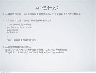 APPʲô
  1. ҳṹ˵ appҳĻԪ?һҳɺܶAPPƴ϶


  2. Ӵ֯˵app?һµĴ֯ʽ
      codes groovy (php, nodejs)
      template vm (php, mustache)
      javascript css
      dataProvider
      ...
      Ӷǰ˸ӽܵЭ


  3. appǰصĻԪ
      ͨtengineʵjs/cssľ̬أappΪȵ
      diy̨ ǰҲappΪԪ?һappjscss




12817
 