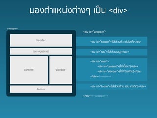 ??????????????? ???? <div>
wrapper
                                         <div id="wrapper">

                    header                    <div id="header">(?????????? ?????????)</div>

                (navigation)                  <div id="nav">(???????????)</div>

                                              <div id="main">
                                                    <div id="content">(??????????)</div>
          content              sidebar              <div id="sidebar">(????????????)</div>
                                              </div><!--main-->

                                              <div id="footer">(??????????? ???? ??????)</div>
                    footer
                                         </div><!--wrapper-->
 