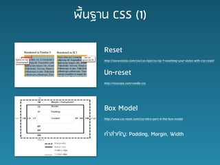 ??????? CSS (1)

      Reset
      http://sixrevisions.com/css/css-tips/css-tip-1-resetting-your-styles-with-css-reset/


      Un-reset
      http://noscope.com/vanilla-css




      Box Model
      http://www.css-reset.com/css-intro-part-4-the-box-model



      ???????: Padding, Margin, Width
 