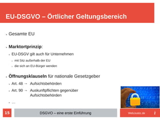 15
➢ Gesamte EU
➢ Marktortprinzip:
➢ EU-DSGV gilt auch für Unternehmen
➢ mit Sitz außerhalb der EU
➢ die sich an EU-Bürger wenden
➢ Öffnungsklauseln für nationale Gesetzgeber
➢ Art. 48 → Aufsichtsbehörden
➢ Art. 90 → Auskunftpflichten gegenüber
Aufsichtsbehörden
➢ …
EU-DSGVO – Örtlicher Geltungsbereich
DSGVO – eine erste Einführung WebJustiz.de
 