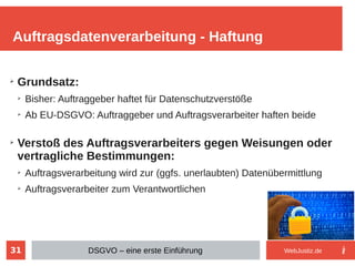 31
➢
Grundsatz:
➢
Bisher: Auftraggeber haftet für Datenschutzverstöße
➢
Ab EU-DSGVO: Auftraggeber und Auftragsverarbeiter haften beide
➢
Verstoß des Auftragsverarbeiters gegen Weisungen oder
vertragliche Bestimmungen:
➢
Auftragsverarbeitung wird zur (ggfs. unerlaubten) Datenübermittlung
➢
Auftragsverarbeiter zum Verantwortlichen
Auftragsdatenverarbeitung - Haftung
DSGVO – eine erste Einführung WebJustiz.de
 