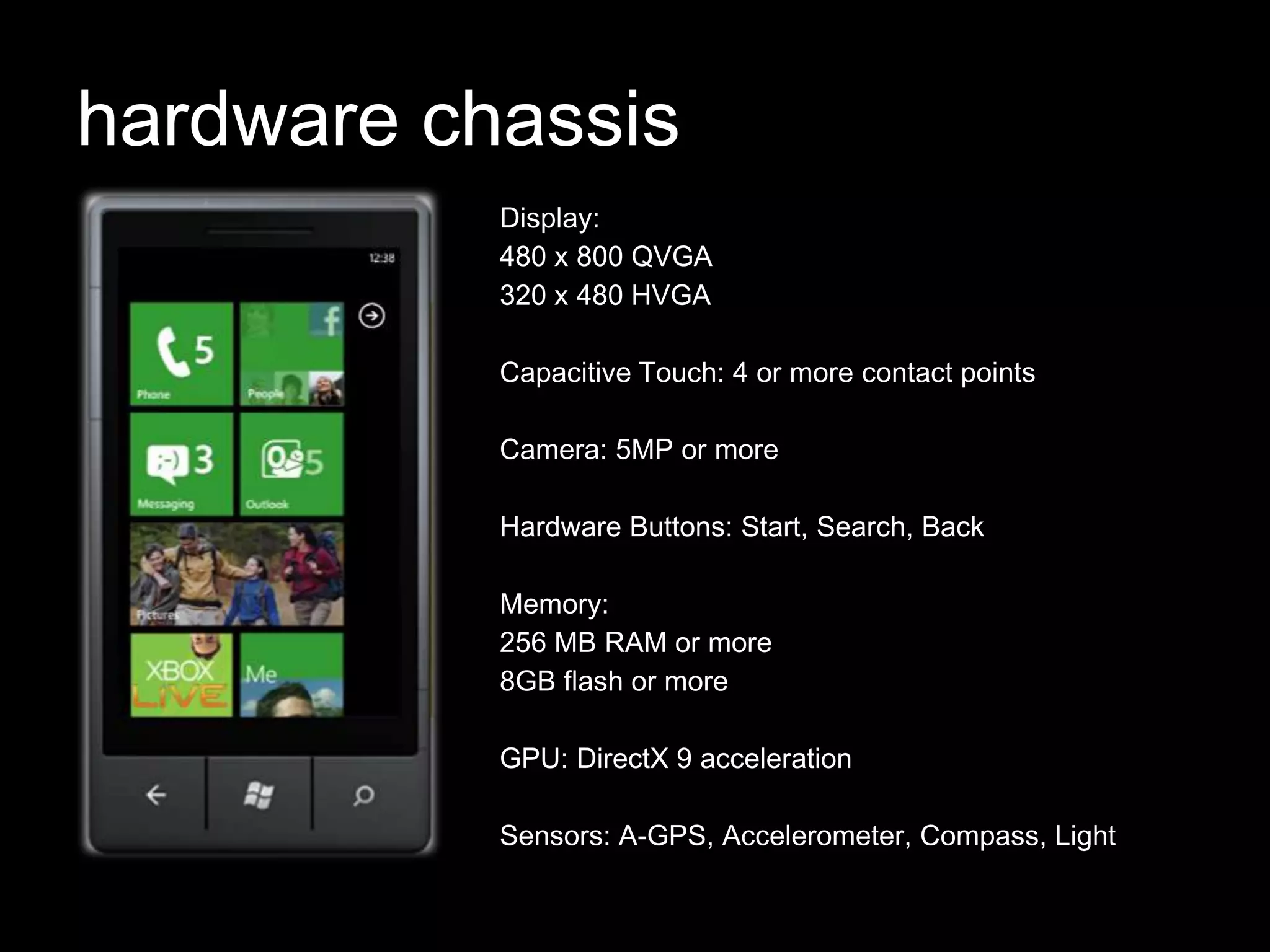 hardware chassis
           Display:
           480 x 800 QVGA
           320 x 480 HVGA

           Capacitive Touch: 4 or more contact points

           Camera: 5MP or more

           Hardware Buttons: Start, Search, Back

           Memory:
           256 MB RAM or more
           8GB flash or more

           GPU: DirectX 9 acceleration

           Sensors: A-GPS, Accelerometer, Compass, Light
 