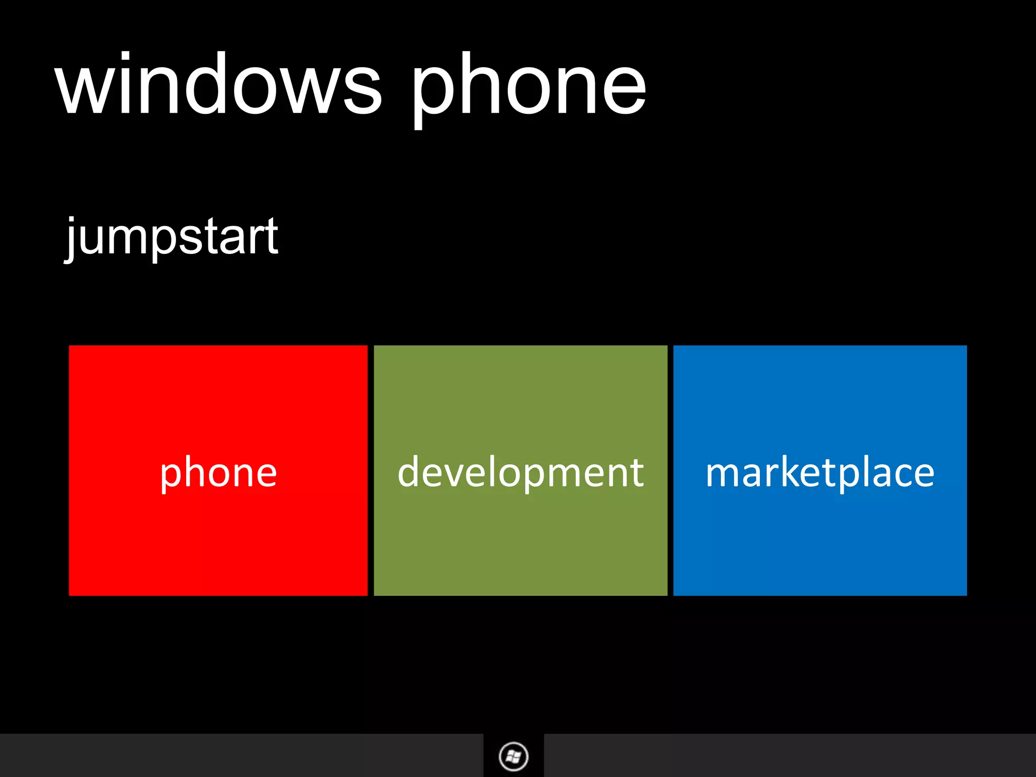windows phone
jumpstart



   phone    development   marketplace
 