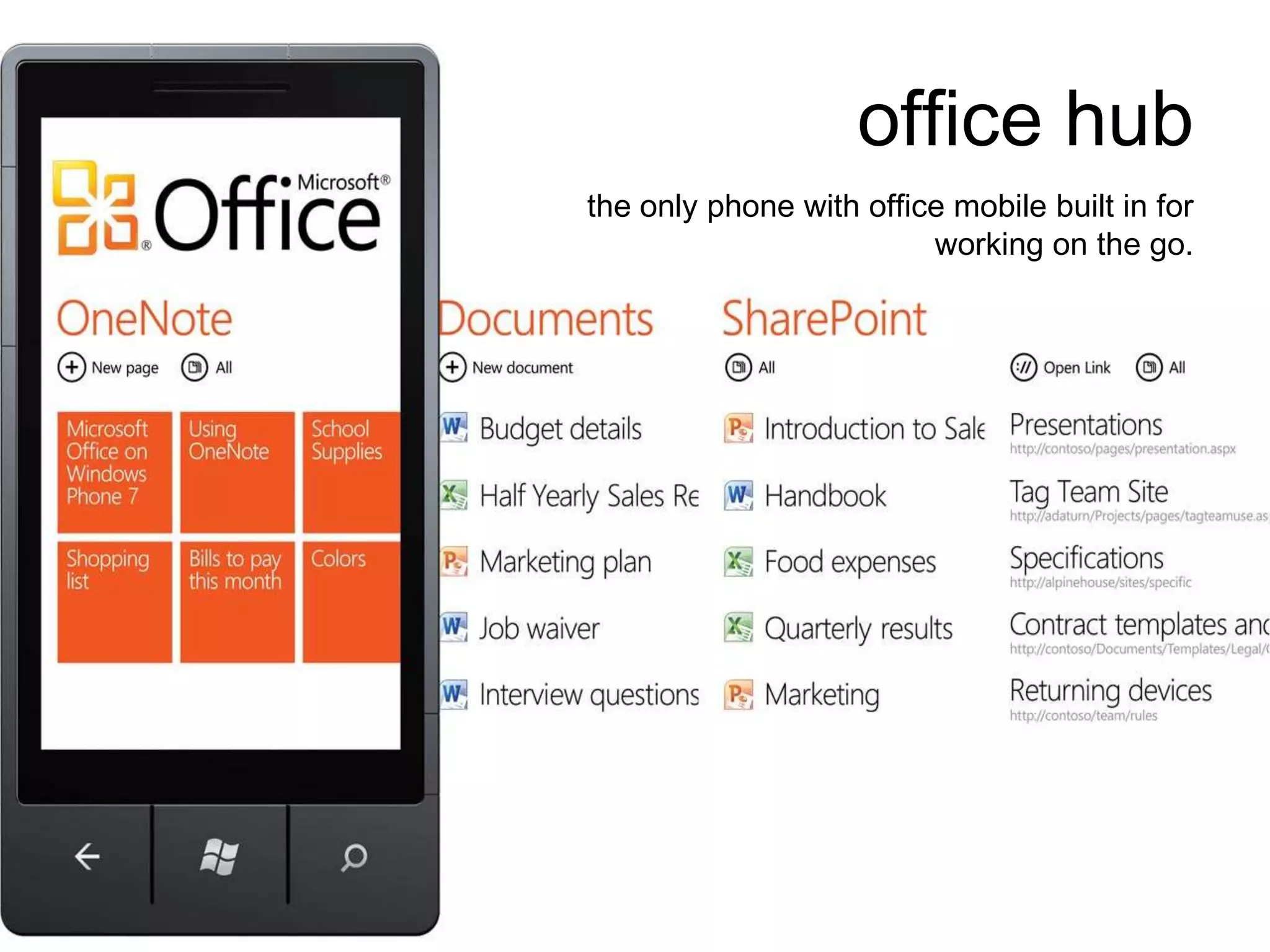 office hub
the only phone with office mobile built in for
                         working on the go.
 