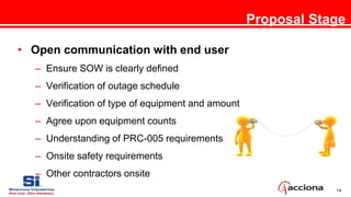 14
Proposal Stage
• Open communication with end user
– Ensure SOW is clearly defined
– Verification of outage schedule
– Verification of type of equipment and amount
– Agree upon equipment counts
– Understanding of PRC-005 requirements
– Onsite safety requirements
– Other contractors onsite
 