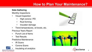 9
How to Plan Your Maintenance?
Data Gathering
Monthly Inspections
• Visual Inspection
• High corona / PD
• Rust forming
• Insulator damage
• Trend temperatures, oil levels, etc.
Previous Years Report
• Punch List of Items
• Test Results
Predictive Maintenance
• IR Scans
• Corona Scans
• Insulating oil analytics
 
