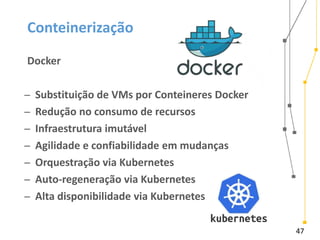 47
Conteinerização
Docker
̶ Substituição de VMs por Conteineres Docker
̶ Redução no consumo de recursos
̶ Infraestrutura imutável
̶ Agilidade e confiabilidade em mudanças
̶ Orquestração via Kubernetes
̶ Auto-regeneração via Kubernetes
̶ Alta disponibilidade via Kubernetes
 