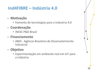 55
Ind4FIBRE – Indústria 4.0
̶ Motivação
• Fomento de tecnologias para a Industria 4.0
̶ Coordenação
• INESC P&D Brasil
̶ Financiamento
• ABDI - Agência Brasileira de Desenvolvimento
Industrial
̶ Objetivo
• Experimentação em ambiente real em IoT para
a indústria
 