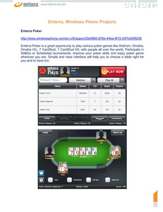 www.enterra-inc.com




                   Enterra, Windows Phone Projects

Enterra Poker

http://www.windowsphone.com/en-US/apps/c30e5860-878e-44ba-9f15-24f7e93f9236

Enterra Poker is a great opportunity to play various poker games like Hold’em, Omaha,
Omaha H/L, 7 CardStud, 7 CardStud H/L with people all over the world. Participate in
Sit&Go or Scheduled tournaments, improve your poker skills and enjoy poker game
wherever you are. Simple and clear interface will help you to choose a table right for
you and to have fun.
 