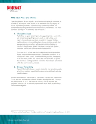 6© Entrust Inc. All Rights Reserved. 6
MITB Attack Phase One: Infection
The first phase of an MITB attack is the infection of a target computer. A
number of techniques have proven to be effective, typically relying on
social engineering to trick a user into doing something unwise, but
sometimes exploiting other browser or network vulnerabilities. The most
common techniques in use today are as follows:
1. Infected Download
A phishing or spear-phishing email suggesting that a user visit a
site for some compelling reason, such as a breaking news
report, free software download or celebrity images. Unlike a
traditional man-in-the-middle attack, these phishing emails don’t
always claim to come from a financial institution looking to
“confirm” identification details, because the goal is to deploy
malware, not harvest usernames and passwords.
The user clicks on the link and is taken to a malicious website
where malware-infected software is offered for download as a
“necessary” video codec, pirated software package, interesting
PDF document, or the like. When the user executes or opens
the download package on their computer the malware is installed
while the user remains unaware.
2. Browser Vulnerability
As with Method 1 above, a user is tricked to visit a malicious site,
which then exploits unpatched browser vulnerabilities to silently
install malware.
Current estimates put the number of computers infected with malware at
31.88 percent, representing millions of users globally infected. Through
the third quarter of 2013, the financial industry (21.74 percent) and
payment services (56.39 percent) represented more than 78 percent of
all industries targeted.3
3
“Phishing Activity Trends Report: Third Quarter 2013," Anti-Phishing Working Group, February 10, 2014.
 