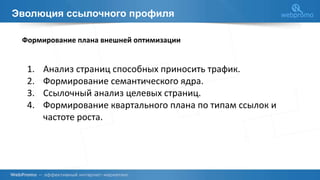 Эволюция ссылочного профиля
Формирование плана внешней оптимизации
1. Анализ страниц способных приносить трафик.
2. Формирование семантического ядра.
3. Ссылочный анализ целевых страниц.
4. Формирование квартального плана по типам ссылок и
частоте роста.
 