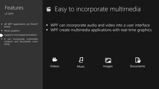 Features
of WPF
 All WPF Applications are DirectX
based.
 Vector graphics
 Supports time-based animations.
 It can Incorporate multimedia
contents and documents more
easily.
Easy to incorporate multimedia
 WPF can incorporate audio and video into a user interface
 WPF create multimedia applications with real-time graphics
Videos Music Images Documents
 