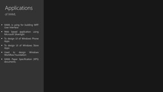 Applications
of XAML
 XAML is using for building WPF
User Interface
 Web based application using
Microsoft Silverlight
 To design UI of Windows Phone
Apps
 To design UI of Windows Store
Apps
 Used to design Windows
Workflow Foundation
 XAML Paper Specification (XPS)
documents.
 