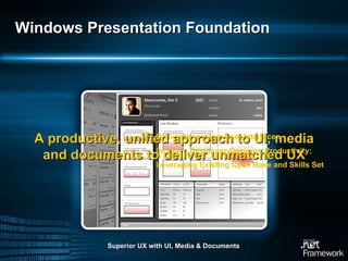 Windows Presentation Foundation Deliver Innovative User Interfaces Increase Developer-Designer Productivity;  Leveraging Existing Code Base and Skills Set Superior UX with UI, Media & Documents A productive, unified approach to UI, media and documents to deliver unmatched UX 