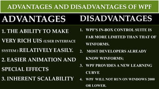 ADVANTAGES AND DISADVANTAGES OF WPF
ADVANTAGES DISADVANTAGES
1. THE ABILITY TO MAKE
VERY RICH UIS (USER INTERFACE
SYSTEM ) RELATIVELY EASILY.
2. EASIER ANIMATION AND
SPECIAL EFFECTS
3. INHERENT SCALABILITY
1. WPF'S IN-BOX CONTROL SUITE IS
FAR MORE LIMITED THAN THAT OF
WINFORMS.
2. MOST DEVELOPERS ALREADY
KNOW WINFORMS;
3. WPF PROVIDES A NEW LEARNING
CURVE
4. WPF WILL NOT RUN ON WINDOWS 2000
OR LOWER.
 