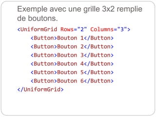 Exemple avec une grille 3x2 remplie
de boutons.
<UniformGrid Rows="2" Columns="3">
<Button>Bouton 1</Button>
<Button>Bouton 2</Button>
<Button>Bouton 3</Button>
<Button>Bouton 4</Button>
<Button>Bouton 5</Button>
<Button>Bouton 6</Button>
</UniformGrid>
 
