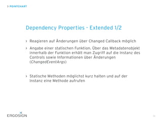 Reagieren auf Änderungen über Changed Callback möglich
Angabe einer statischen Funktion. Über das Metadatenobjekt
innerhalb der Funktion erhält man Zugriff auf die Instanz des
Controls sowie Informationen über Änderungen
(ChangedEventArgs)
Statische Methoden möglichst kurz halten und auf der
Instanz eine Methode aufrufen
POINTCHART
Dependency Properties - Extended 1/2
74
 