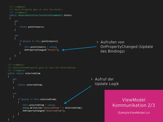 ViewModel
Kommunikation 2/3
(SampleViewModel.cs)
> Aufrufen von
OnPropertyChanged (Update
des Bindings)
> Aufruf der
Update Logik
 