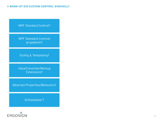 WANN IST EIN CUSTOM CONTROL SINNVOLL?
15
WPF Standard Control?
WPF Standard Controls
gruppieren?
Styling & Templating?
ValueConverter/Markup
Extensions?
Attached Properties/Behaviors?
Drittanbieter?
 