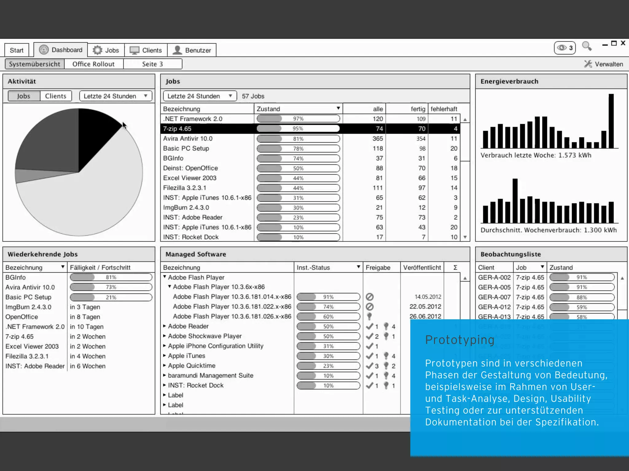 Prototyping
Prototypen sind in verschiedenen
Phasen der Gestaltung von Bedeutung,
beispielsweise im Rahmen von Userund Task-Analyse, Design, Usability
Testing oder zur unterstützenden
Dokumentation bei der Spezifikation.

 