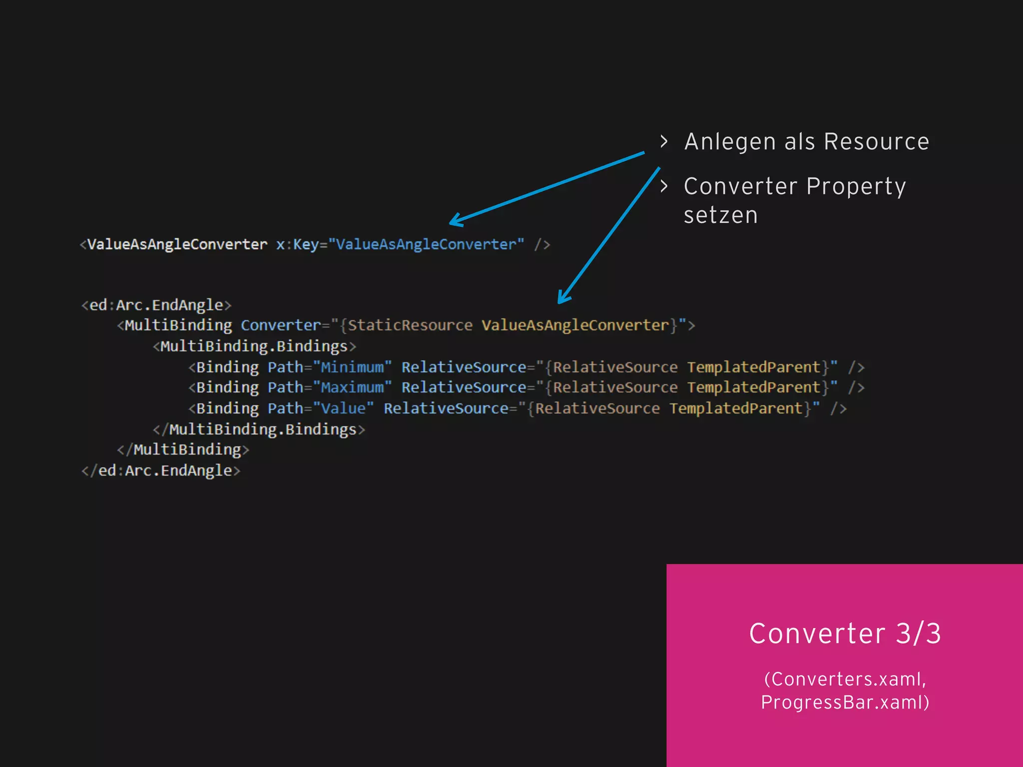 > Anlegen als Resource
> Converter Property
setzen

Converter 3/3
(Converters.xaml,
ProgressBar.xaml)

 