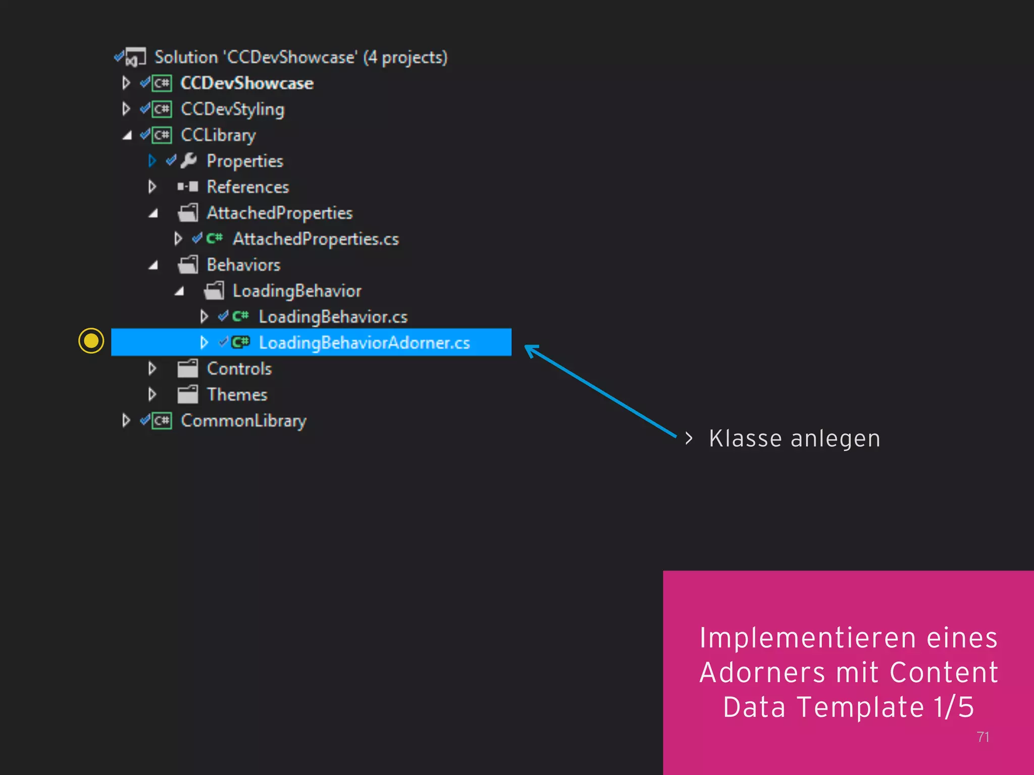 > Klasse anlegen

Implementieren eines
Adorners mit Content
Data Template 1/5
71

 