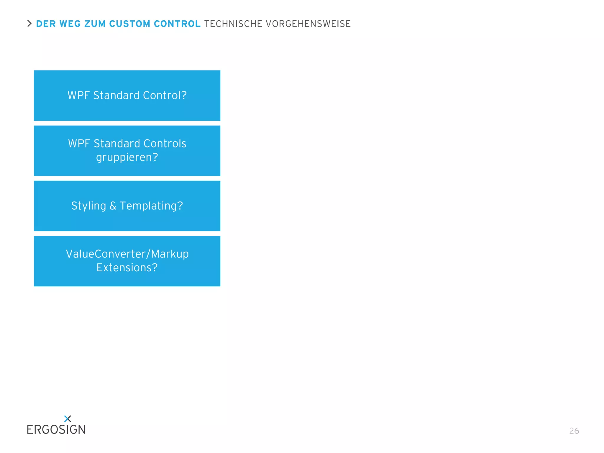 DER WEG ZUM CUSTOM CONTROL TECHNISCHE VORGEHENSWEISE

WPF Standard Control?

WPF Standard Controls
gruppieren?

Styling & Templating?

ValueConverter/Markup
Extensions?

26

 