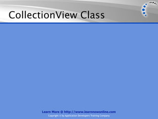 CollectionView Class




      Learn More @ http://www.learnnowonline.com
         Copyright © by Application Developers Training Company
 