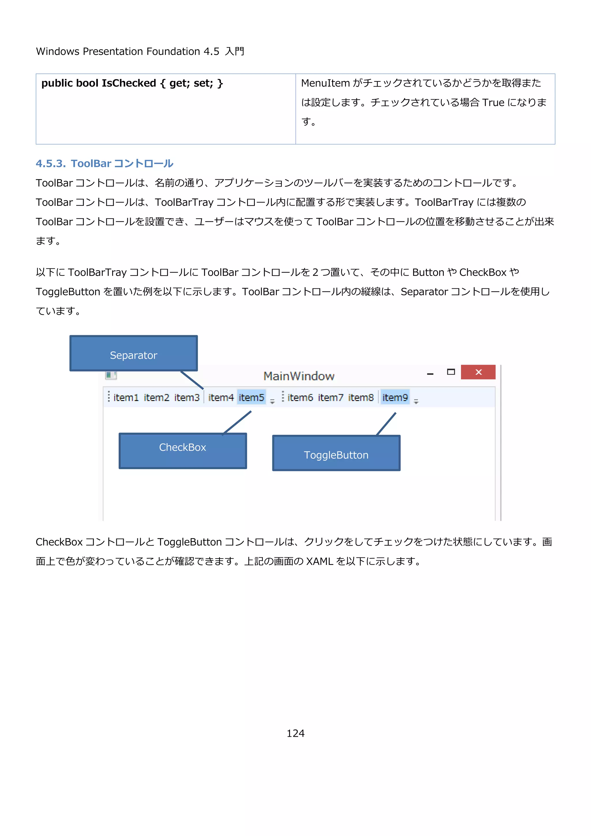 Windows Presentation Foundation 4.5 入門
124
実行すると、以下のようにメニュー２に子のメニューが出来ます。
4.5.2. Menu コントロール
Menu コントロールは、Window 上部などに表示されるメニュー項目です。一般的にファイル、編集などの項目など
があります。WPF の Menu コントロールを使うと以下のようなメニューを作成することが出来ます。
<ContextMenu>
<MenuItem Header="メニュー１" Click="MenuItem_Click"/>
<MenuItem Header="メニュー２">
<MenuItem Header="メニュー ２－１" />
<MenuItem Header="メニュー ２－２" />
<MenuItem Header="メニュー ２－３" />
</MenuItem>
<MenuItem Header="メニュー３"/>
<MenuItem Header="メニュー４"/>
</ContextMenu>
 