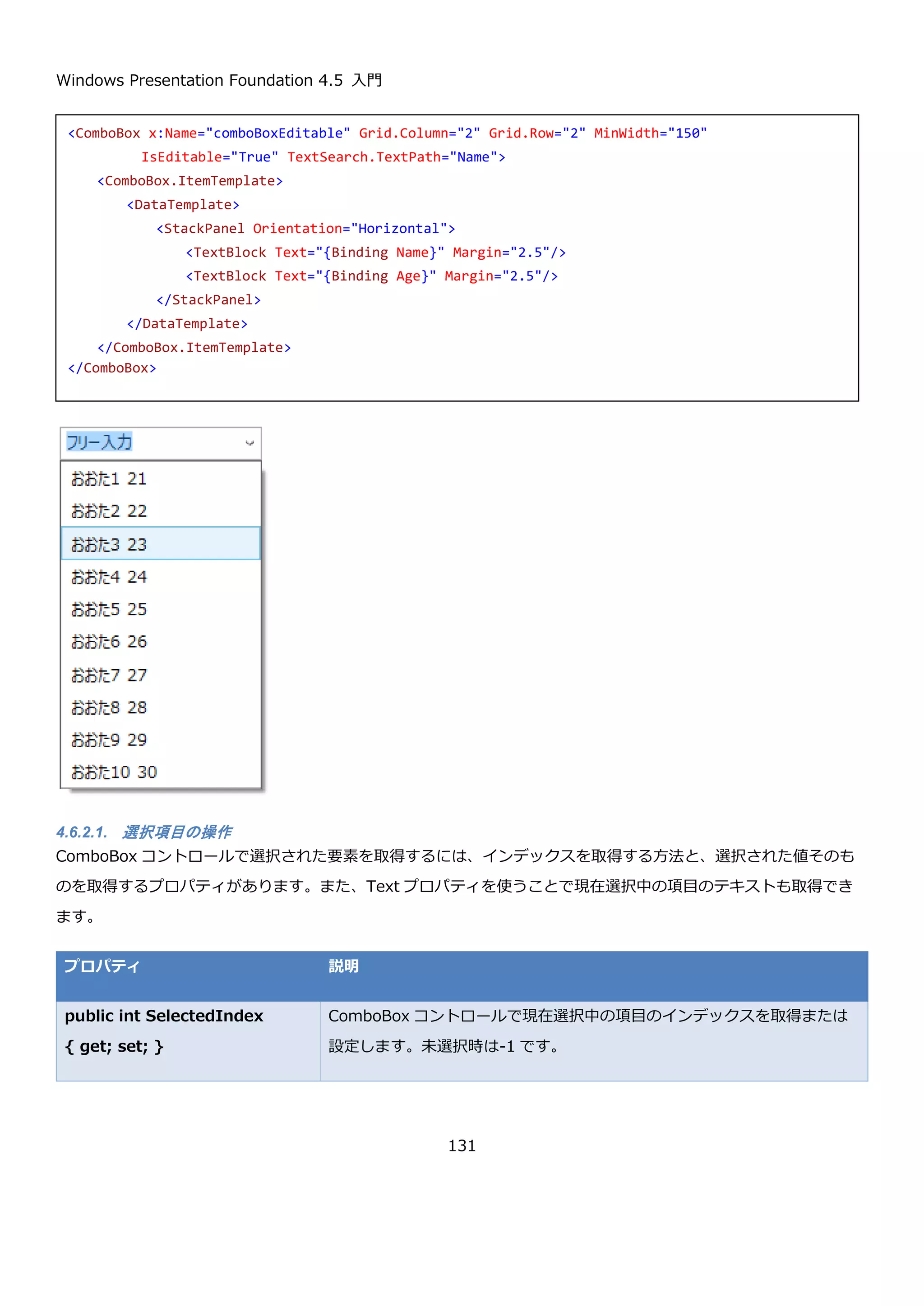Windows Presentation Foundation 4.5 入門
131
4.6.2. ComboBox コントロール
ComboBox コントロールは、複数の選択肢の中から１つをユーザーに選択してもらうためのユーザーインターフェ
ースを提供するコントロールです。オプションとして、複数の選択肢の中から１つを選ぶか、自由にテキストを入力
する方法も提供することができます。
ComboBox の基本的な使い方は、ItemsSource プロパティにオブジェクトのコレクションを設定して、
ItemTemplate で見た目を定義する方法になります。例として、以下のような Name と Age プロパティを持つ
Person クラスを表示する場合のコードを示します。
ComboBox の XAML での定義は以下のようになります。ItemTemplate に、Person クラスの表示を定義するテン
プレートを設定しています。
コードビハインドのコンストラクタで、この ComboBox コントロールの ItemsSource プロパティにデータを設定
します。
// ComboBoxに表示するオブジェクト
public class Person
{
public string Name { get; set; }
public int Age { get; set; }
}
<ComboBox x:Name="comboBox">
<ComboBox.ItemTemplate>
<DataTemplate>
<StackPanel Orientation="Horizontal">
<TextBlock Text="{Binding Name}" Margin="2.5"/>
<TextBlock Text="{Binding Age}" Margin="2.5"/>
</StackPanel>
</DataTemplate>
</ComboBox.ItemTemplate>
</ComboBox>
 