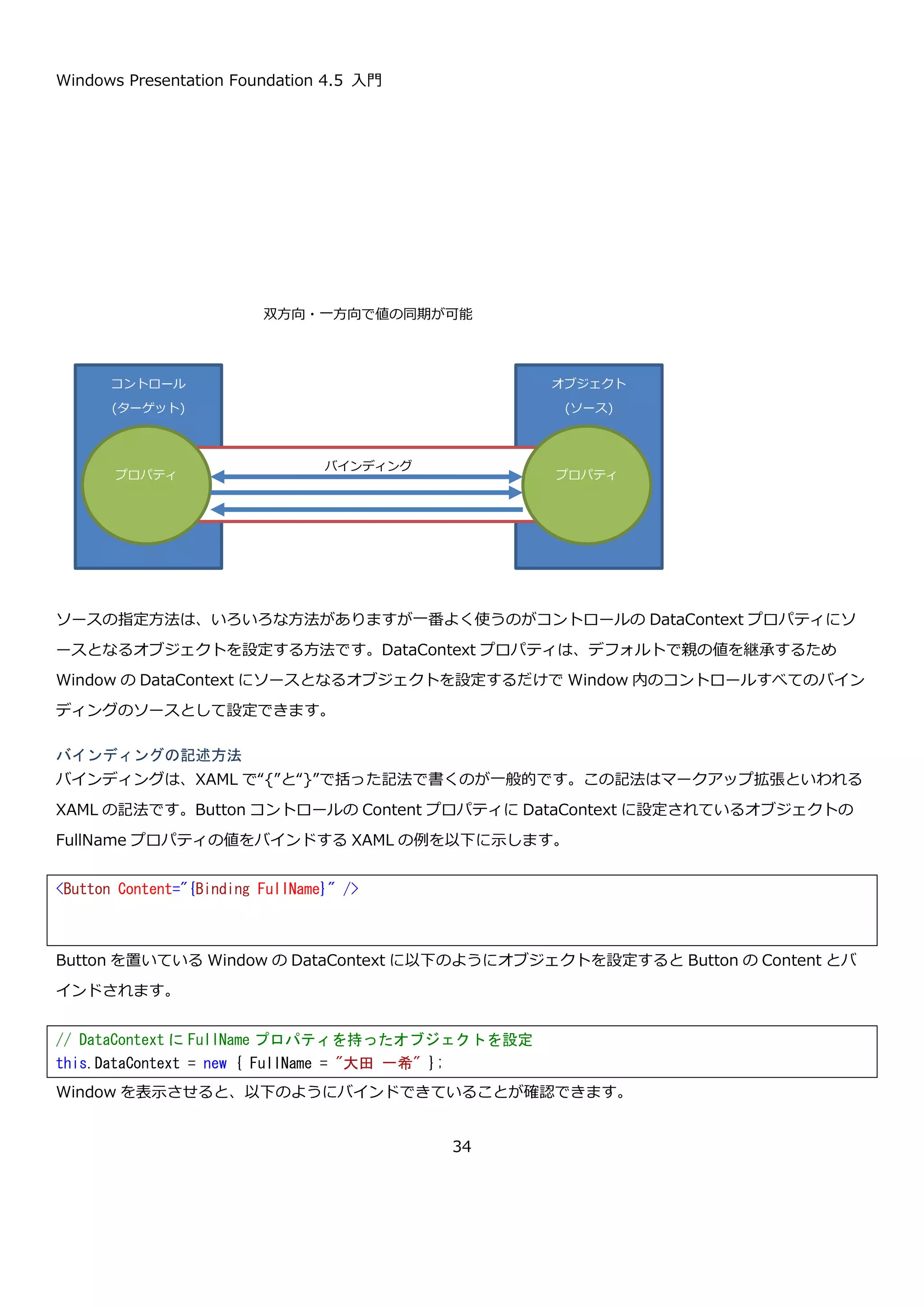Windows Presentation Foundation 4.5 入門
34
先ほど Button の Style プロパティに直接設定されていた Style の定義を外に移動させています。この Window を表
示すると以下のようになります。
<Window x:Class="WpfApplication4.MainWindow"
xmlns="http://schemas.microsoft.com/winfx/2006/xaml/presentation"
xmlns:x="http://schemas.microsoft.com/winfx/2006/xaml"
Title="MainWindow" Height="350" Width="525">
<Window.Resources>
<!-- スタイルをリソースに定義する -->
<Style TargetType="{x:Type Button}">
<Setter Property="Background" Value="Black" />
<Setter Property="Foreground" Value="White" />
</Style>
</Window.Resources>
<StackPanel>
<!-- 画面にボタンを複数置く -->
<Button Content="スタイルの例 1" />
<Button Content="スタイルの例 2" />
<Button Content="スタイルの例 3" />
<Button Content="スタイルの例 4" />
<Button Content="スタイルの例 5" />
</StackPanel>
</Window>
 