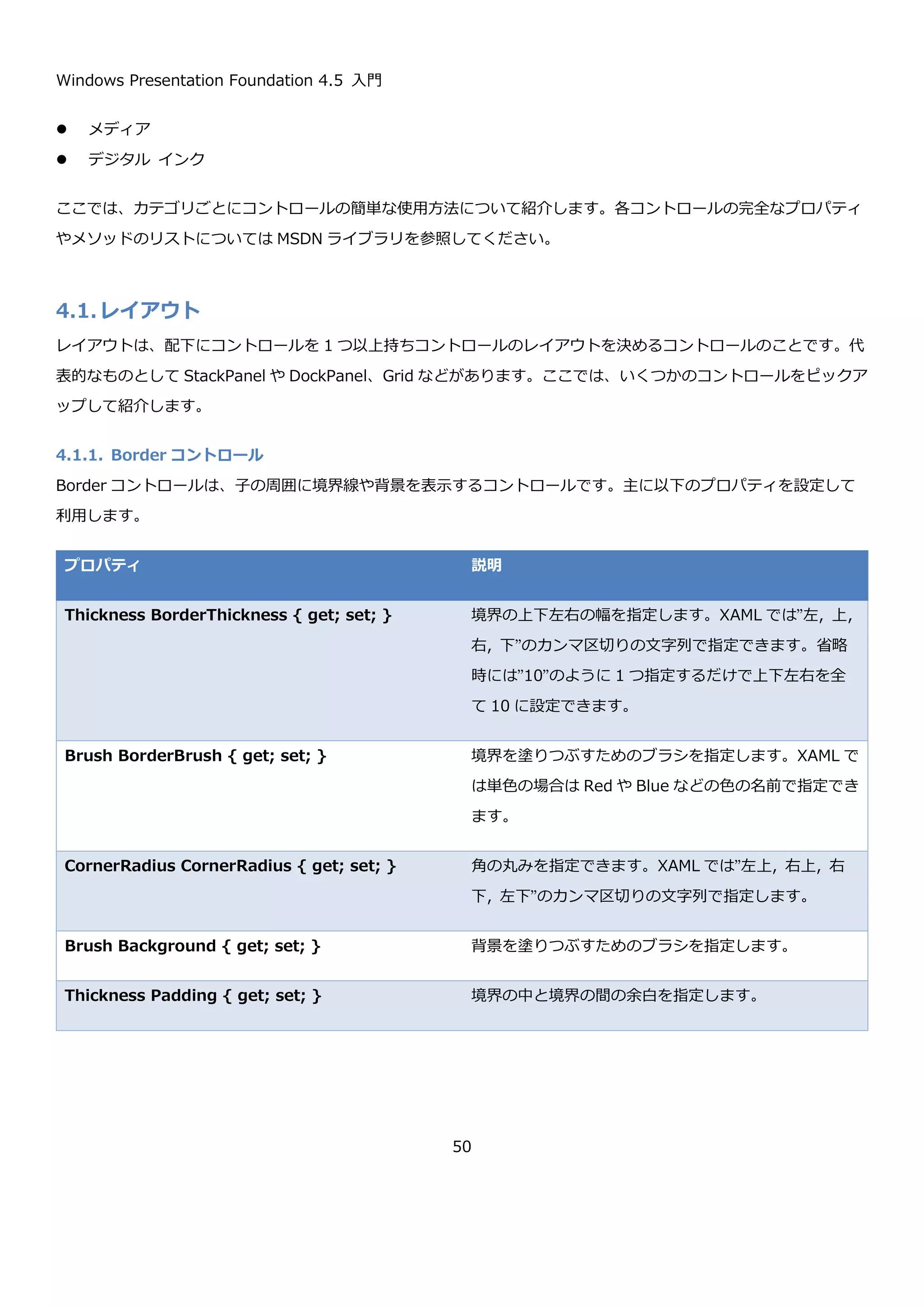 Windows Presentation Foundation 4.5 入門
50
3.6.添付プロパティ
添付プロパティは「型名.プロパティ名」といった形で指定するプロパティです。通常のプロパティと異なる点は、
プロパティを設定する型と添付プロパティを指定するときの型名が必ずしも一致しなくても良いという点です。添付
プロパティは、主に親要素が子要素に追加で情報を与えるのに利用されます。
具体例としては、コントロールの要素を配置するためのレイアウトの情報があげられます。たとえばボタンを左から
10px, 上から 20px の場所に置くといった場合にボタンに Left や Top というプロパティを付けるというのが一般的
な考えになると思います。しかし、これでは絶対座標以外のレイアウトの指定方法が出てきた場合にボタンのプロパ
ティが爆発的に増えてしまうといった問題があります。このようなときに Left や Top といった情報は上位のパネル
の添付プロパティとして定義して、ボタンとは定義は切り離しつつもボタンに直接値を設定できるといったことを実
現しています。添付プロパティは、XAML からコードに展開される際に「クラス名.Set 添付プロパティ名(オブジェ
クト, 値)」という形に展開されます。値の取得には「クラス名.Get 添付プロパティ名(オブジェクト)」の形式のメ
ソッドを使用します。
添付プロパティについては、WPF のコントロールの基底クラスを説明する箇所で再度取り上げます。
3.7.添付イベント
添付イベントも WPF のコントロールの規定クラスと強く紐づいている概念のため、ここでは詳細は割愛します。添
付プロパティと同じように、実際にそのオブジェクトに定義されていないイベントハンドラを、設定する記法になり
ます。
3.8.TypeConverter
XAML では、プロパティの指定に属性構文を使うと値は必ず文字列で指定します。しかし、XAML では int 型などの
数字や、enum や、その他のクラス型のプロパティに対しても文字列で指定することが出来ます。これは、型コンバ
ータという仕組みが間に入って型変換を行っているためです。普段、特別意識する必要はありませんが、文字列を指
定するだけでオブジェクトを指定できるケースがある場合は、この仕組みのおかげだと頭の片隅に入れておいてくだ
さい。
また、ここでは詳細に説明しませんが、独自の型コンバータを定義することもできます。独自の型を定義して XAML
から簡単に文字列で指定するのが適切だと思った場合には以下の MSDN を参考にして実装を検討してみてくださ
い。
 