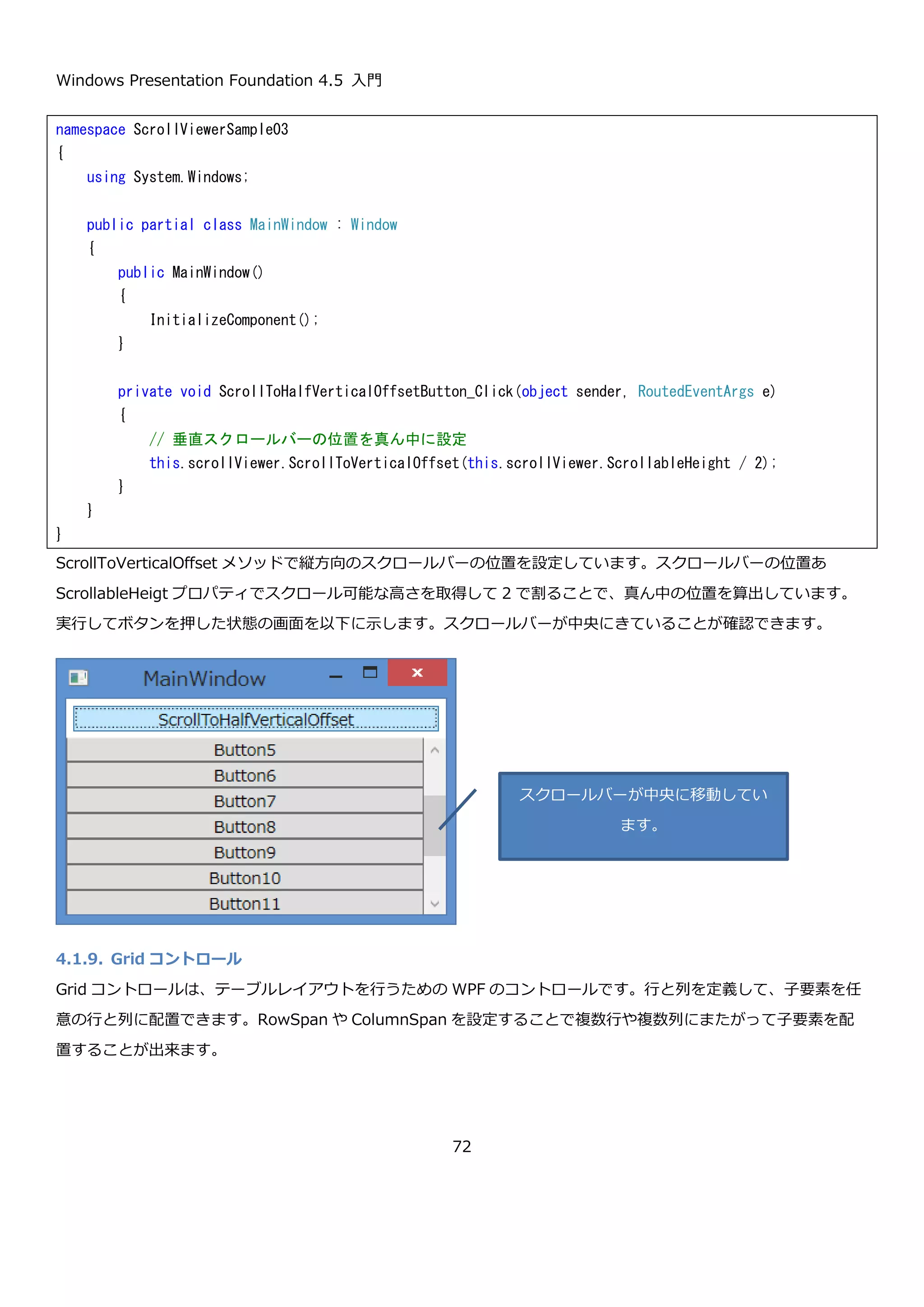 Windows Presentation Foundation 4.5 入門
72
縦スクロールバーの表示を Auto にしたので、スクロールバーが必要無くなるまで Window を大きくするとスクロー
ルバーが消えます。
次に ScrollViewer コントロールのスクロールバーの位置を制御する例を示します。XAML に ScrollViewer コントロ
ールとスクロールバーを動かす処理を起動するボタンを置いた画面を作成します。ScrollViewer コントロールはコー
ドビハインドから使用できるように x:Name 属性を指定しています。画面の上部に置いているボタンには Click イベ
ントを設定しています。XAML を以下に示します。
必ずボタンの一番上がスクロールバーの一
番上とピタリとあう表示になります。
 