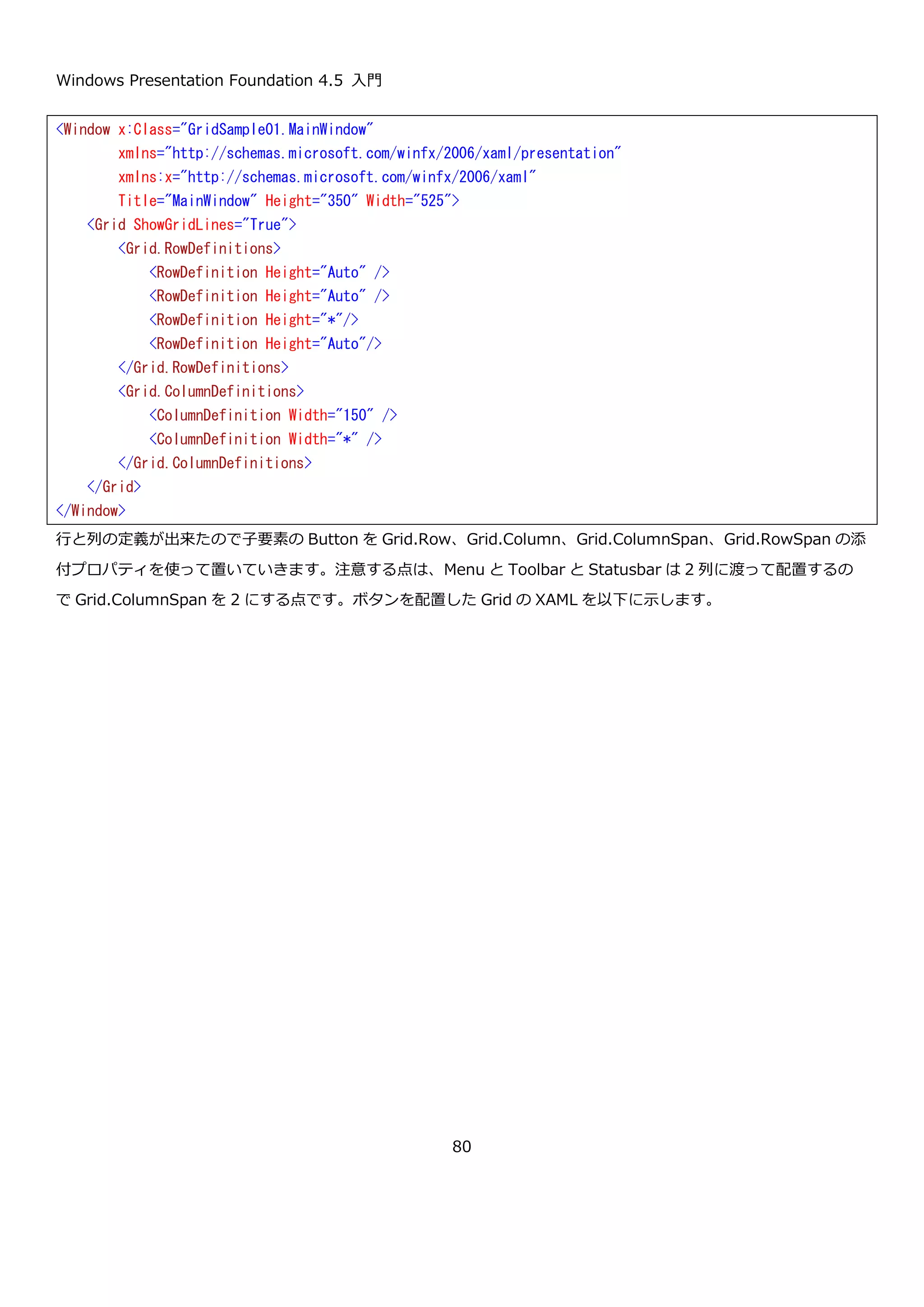 Windows Presentation Foundation 4.5 入門
80
4.1.10. Grid コントロールでのレイアウト例
Grid コントロールは、これまで説明した StackPanel や DockPanel などと比べて非常に強力なレイアウトコントロ
ールになります。Grid コントロールでレイアウトするときは、これまでに紹介した方法を使って最終的なレイアウト
を実現するのに必要な行と列の数と、それぞれに設定するサイズを決めて、そこに目的のコントロールを配置すると
いう手順で行います。具体的な例として DockPanel コントロールで作成した下図のようなレイアウトを Grid で作成
する方法について説明します。
1 行 1 列目にボタンが置かれます。1 行目と 1
列目のサイズは Auto なのでボタンの大きさと
同じ大きさになります。
 