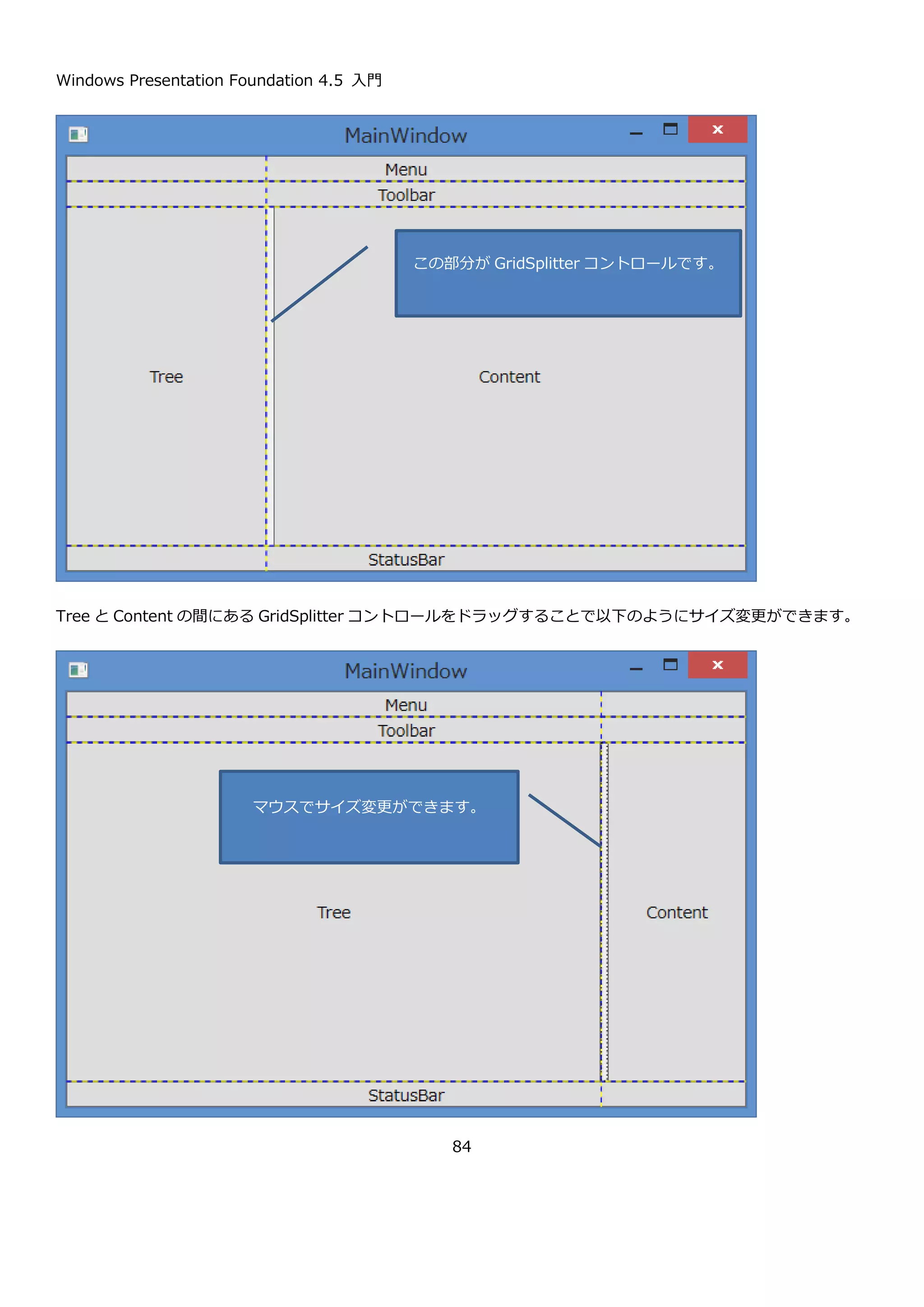 Windows Presentation Foundation 4.5 入門
84
4.1.11. GridSplitter コントロール
Grid コントロールの特徴の 1 つとして GridSplitter コントロールを使ったマウスでのサイズ変更への対応がありま
す。GridSplitter コントロールを Grid コントロールの区切りに沿って配置することで、エクスプローラーのように左
右（上下も可）で領域のサイズを変えることができます。
例として先ほど作成した XAML に GridSplitter コントロールを追加して Tree と Content のサイズをマウスで変更で
きるようにします。GridSplitter コントロールを追加した Grid コントロール部分の XAML を以下に示します。
Grid の線を表示している以外は
DockPanel で作成したサンプルと同じ表
示になっています。
 