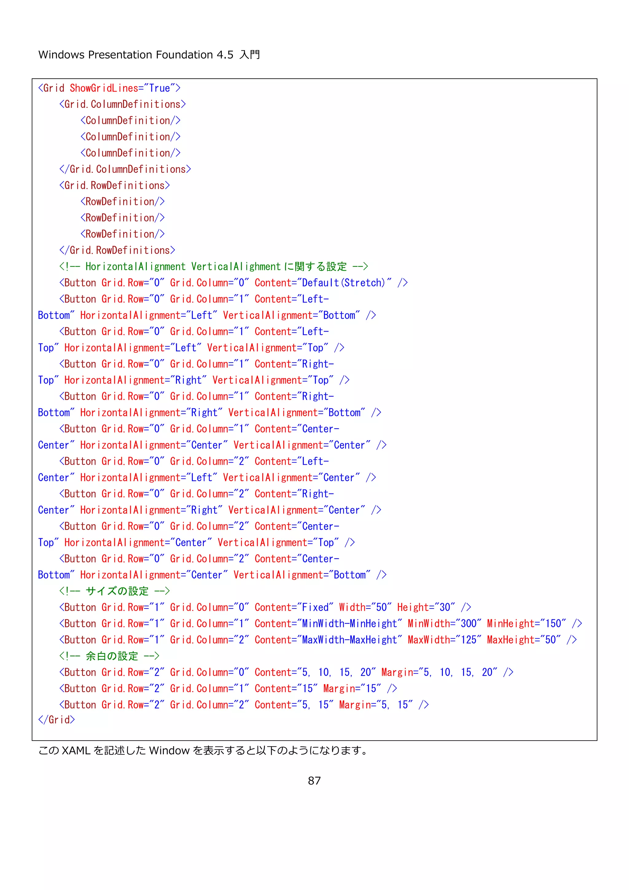 Windows Presentation Foundation 4.5 入門
87
4.1.12. レイアウトに影響を与えるプロパティ
ここまでレイアウトを制御する代表的なコントロールを見てきました。これらのコントロールを組み合わせて使うこ
とで、思った場所にコントロールを置くことができます。ここでは、WPF のほぼすべてのコントロールが共通でも
つレイアウトに影響を与えるプロパティについてみていきます。レイアウトコントロールと、ここで紹介するプロパ
ティを組み合わせることで WPF の協力なレイアウトシステムを余すことなく使うことが出来るようになります。
4.1.12.1. 水平方向・垂直方向の位置指定
まず、コントロールの水平方向・垂直方向の位置を指定するプロパティを以下に示します。
プロパティ 説明
HorizontalAlignment HorizontalAlignment
{ get; set; }
水平方向の配置方法を指定します。左寄せの場合は
Left、右寄せの場合は Right、中央寄せの場合は
Center、全体にひろげる場合は Stretch を指定しま
す。デフォルト値は Stretch です。一部のコントロール
（Label など）ではデフォルト値が変わっているものも
あります。
VerticalAlignment VerticalAlignment { get;
set; }
素直方向の配置方法を指定します。上寄せの場合は
Top、下寄せの場合は Bottom、中央寄せの場合は
Center、全体にひろげる場合は Stretch を指定しま
す。デフォルト値は Stretch です。一部のコントロール
（ComboBoxItem など）ではデフォルト値が変わって
いるものもあります。
4.1.12.2. サイズの指定
コントロール自身の大きさを指定するプロパティを以下に示します。
プロパティ 説明
double Width { get; set; } コントロールの幅を設定します。デフォルト値は NaN です。
double Height { get; set; } コントロールの高さを設定します。デフォルト値は NaN です。
double MinWidth { get; set; } コントロールの最小の幅を設定します。デフォルト値は 0 です。
 