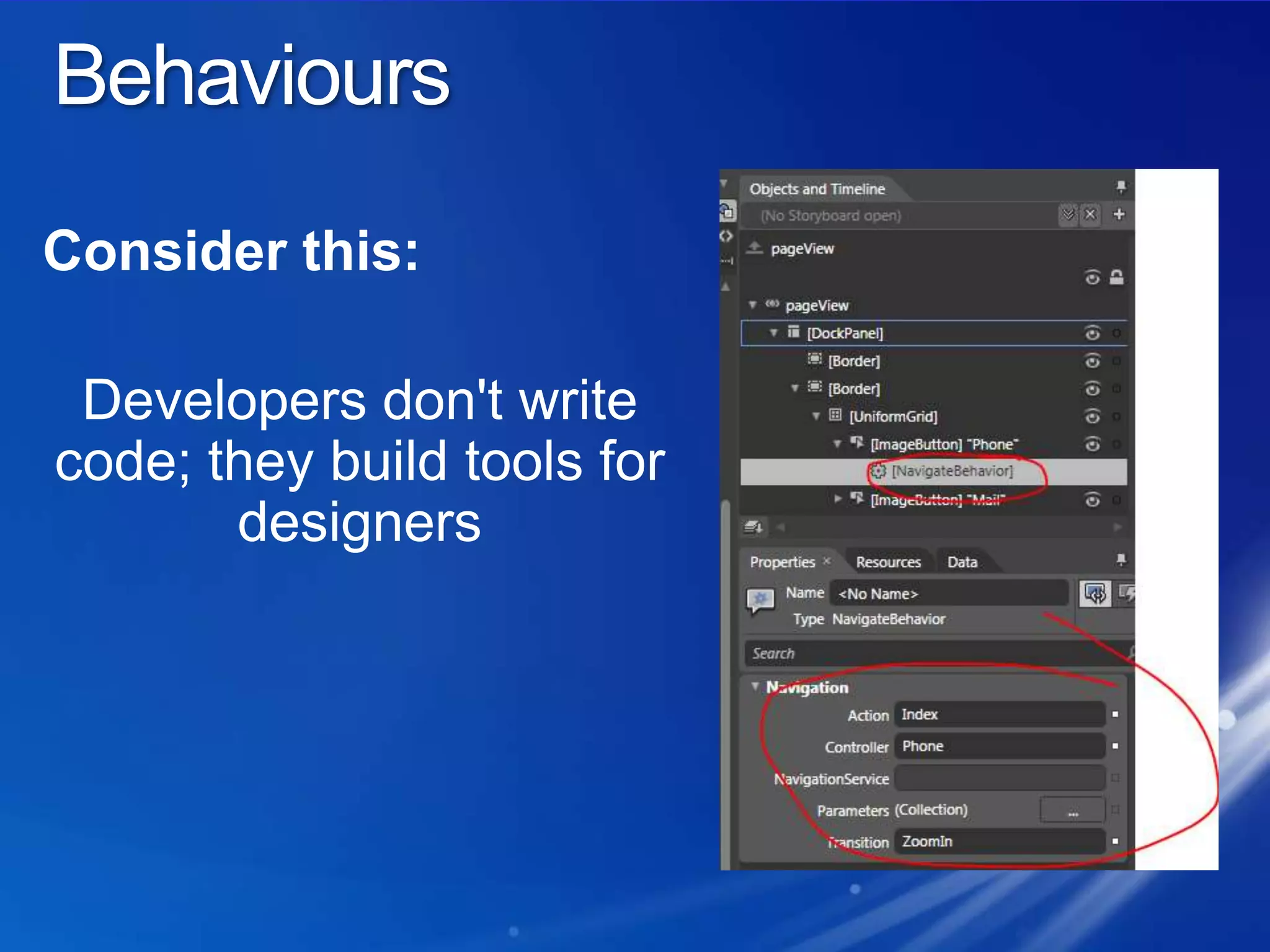 BehavioursConsider this:Developers don't write code; they build tools for designers