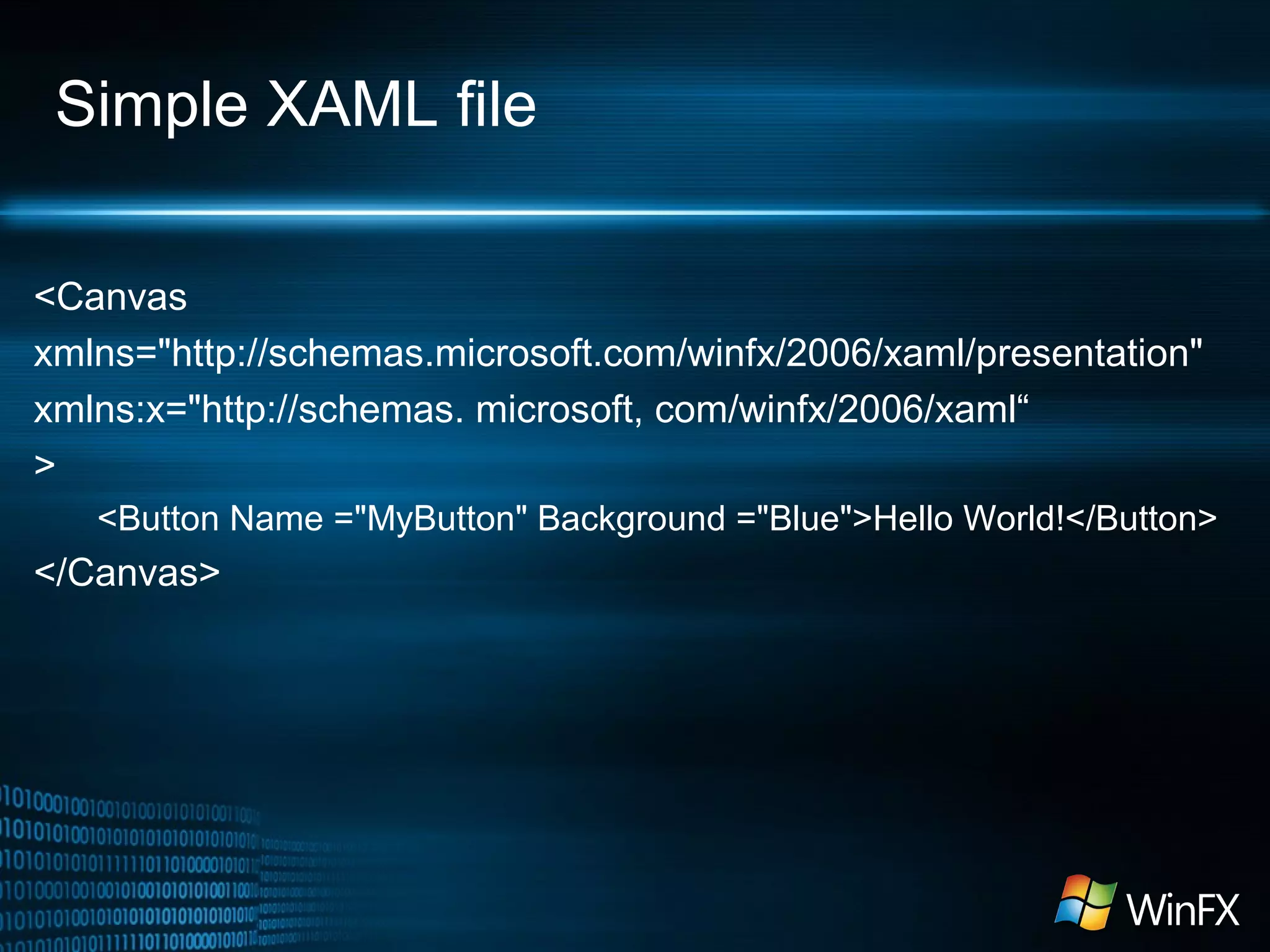 Simple XAML file
<Canvas
xmlns="http://schemas.microsoft.com/winfx/2006/xaml/presentation"
xmlns:x="http://schemas. microsoft, com/winfx/2006/xaml“
>
<Button Name ="MyButton" Background ="Blue">Hello World!</Button>

</Canvas>

 