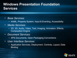 Windows Presentation Foundation
Services
• Base Services:
– XAML, Property System, Input & Eventing, Accessibility

• Media Services:
– 2D, 3D, Audio, Video, Text, Imaging, Animation, Effects,
Composition Engine

• Document Services:
– XPS Documents, Open Packaging Conventions

• User Interface Services:
– Application Services, Deployment, Controls, Layout, Data
Binding

 