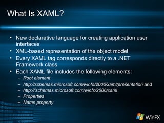 What Is XAML?
• New declarative language for creating application user
interfaces
• XML-based representation of the object model
• Every XAML tag corresponds directly to a .NET
Framework class
• Each XAML file includes the following elements:
–
–
–
–
–

Root element
http://schemas.microsoft.com/winfo/2006/xaml/presentation and
http://'schemas.microsoft.com/winfx/2006/xaml
Properties
Name property

 