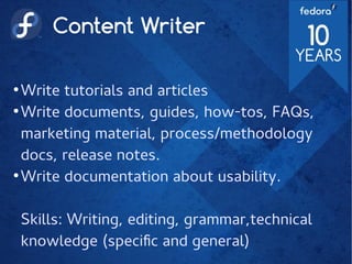 Content Writer
●
Write tutorials and articles
●
Write documents, guides, how-tos, FAQs,
marketing material, process/methodology
docs, release notes.
●
Write documentation about usability.
Skills: Writing, editing, grammar,technical
knowledge (specific and general)
 