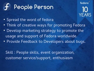 People Person
●
Spread the word of fedora
●
Think of creative ways for promoting Fedora
●
Develop marketing strategy to promote the
usage and support of Fedora worldwide.
●
Provide Feedback to Developers about bugs.
Skill : People skills, event organization,
customer service/support, enthusiasm
 