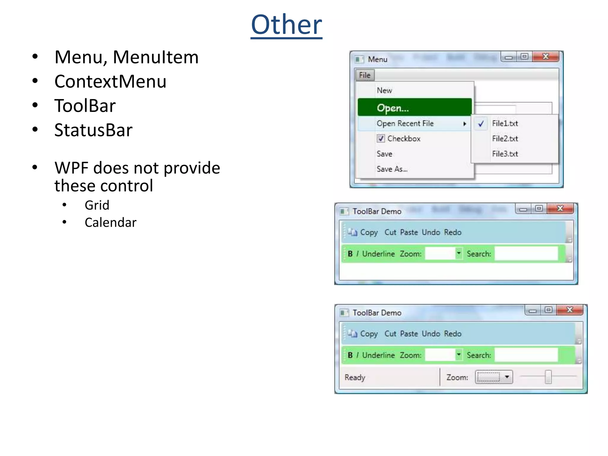 Setting an attribute on the object element is equivalent to setting a property of the same name (called a property attribute)XAML Example&lt;Windowx:Class=&quot;WpfApplication1.Window1&quot;xmlns=&quot;http://schemas.microsoft.com/winfx/2006/xaml/ presentation&quot;xmlns:x=&quot;http://schemas.microsoft.com/winfx/2006/xaml&quot;	Title=&quot;First XAML Example&quot; Height=&quot;300&quot; Width=&quot;300&quot;&gt;	&lt;StackPanel&gt;&lt;Button Height=&quot;70&quot;FontFamily=&quot;Verdana&quot;FontSize=&quot;18&quot;&gt;Hello World&lt;/Button&gt;&lt;/StackPanel&gt;&lt;/Window&gt;namespace WpfApplication1{    public partial class Window1 :	Window{public Window1(){InitializeComponent();}    }}Window1.xaml.csWindow1.xamlButton btn =new Button();btn.Height = 70;btn.FontFamily =new FontFamily(&quot;Verdana&quot;);btn.FontSize = 18;btn.Content = &quot;Hello World&quot;;panel.Children.Add(btn);