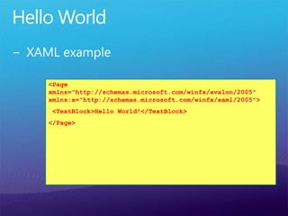 <Page
xmlns="http://schemas.microsoft.com/winfx/avalon/2005"
xmlns:x="http://schemas.microsoft.com/winfx/xaml/2005">
<TextBlock>Hello World!</TextBlock>
</Page>
 